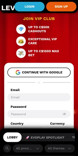LevelUp Casino mobile lobby