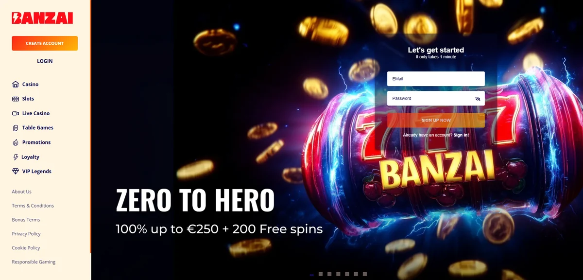 The Banzai Casino lobby showing the game categories and action-hero branding