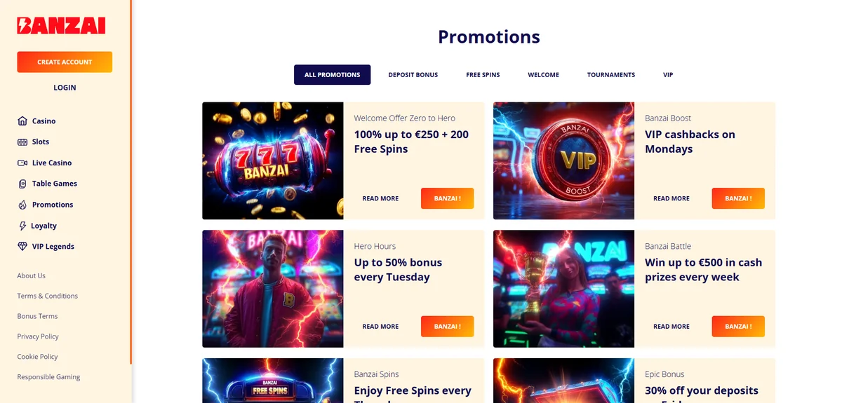 The Banzai Casino promotions page showing the welcome offer and its conditions