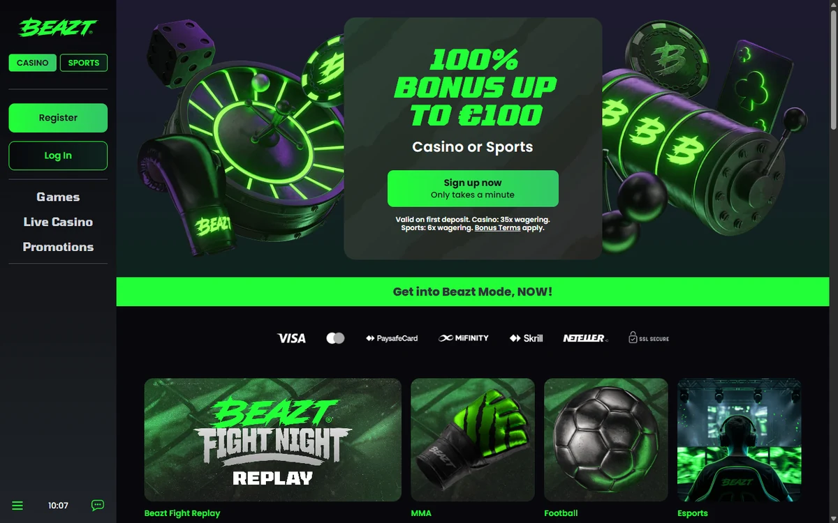 The Beazt casino lobby showing the 100% bonus up to 100 euro hero with the casino and sports switch