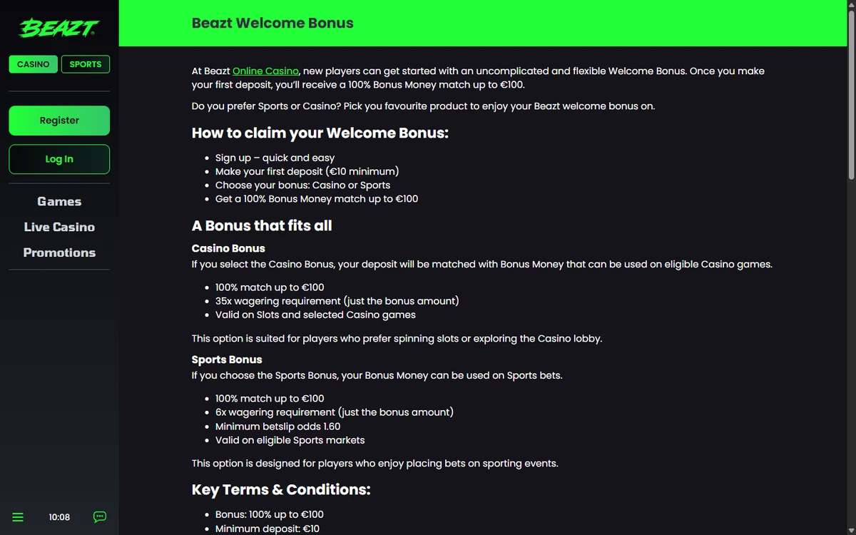 The Beazt welcome bonus page showing the casino and sports branches with their 35x and 6x wagering requirements