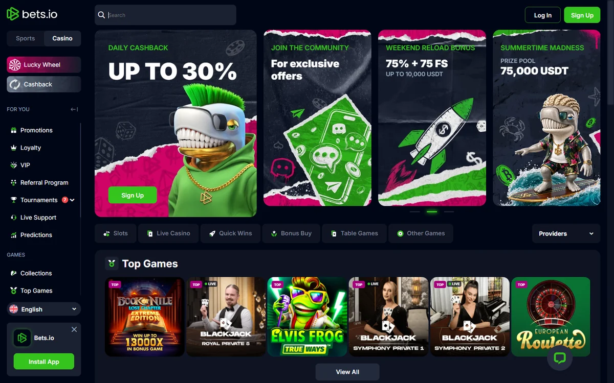 The Bets.io casino lobby showing the daily cashback, weekend reload and tournament banners above the game category rail