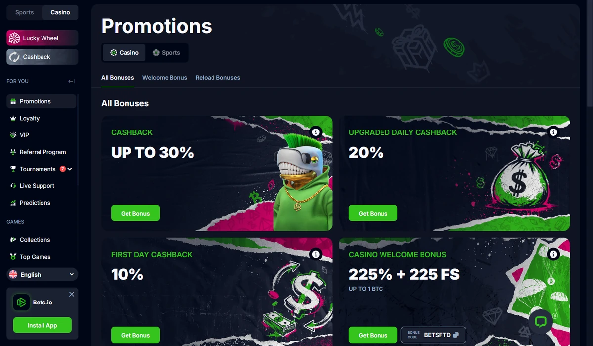 The Bets.io promotions page showing the casino welcome bonus tile reading 225% plus 225 FS up to 1 BTC with code BETSFTD