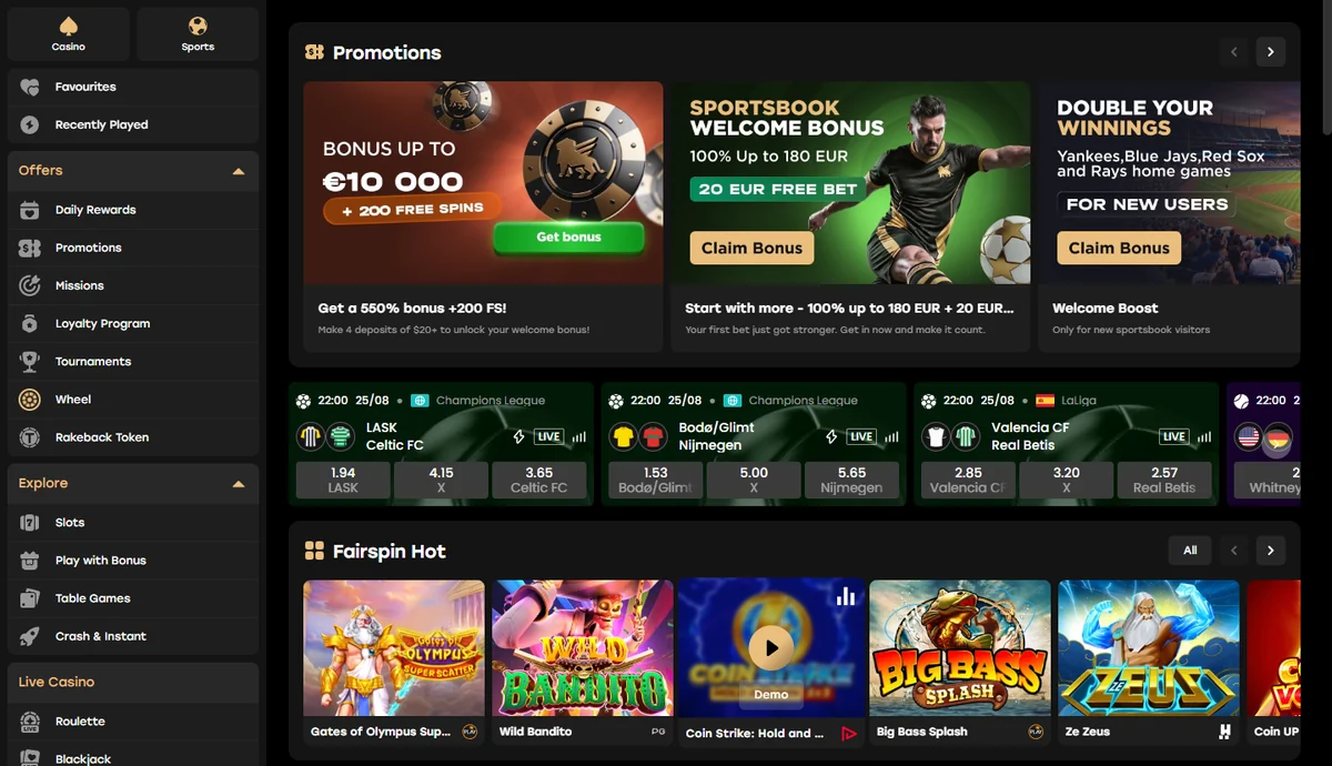 The Fairspin Casino lobby showing the 550 percent bonus banner, the promotions rail and the game categories