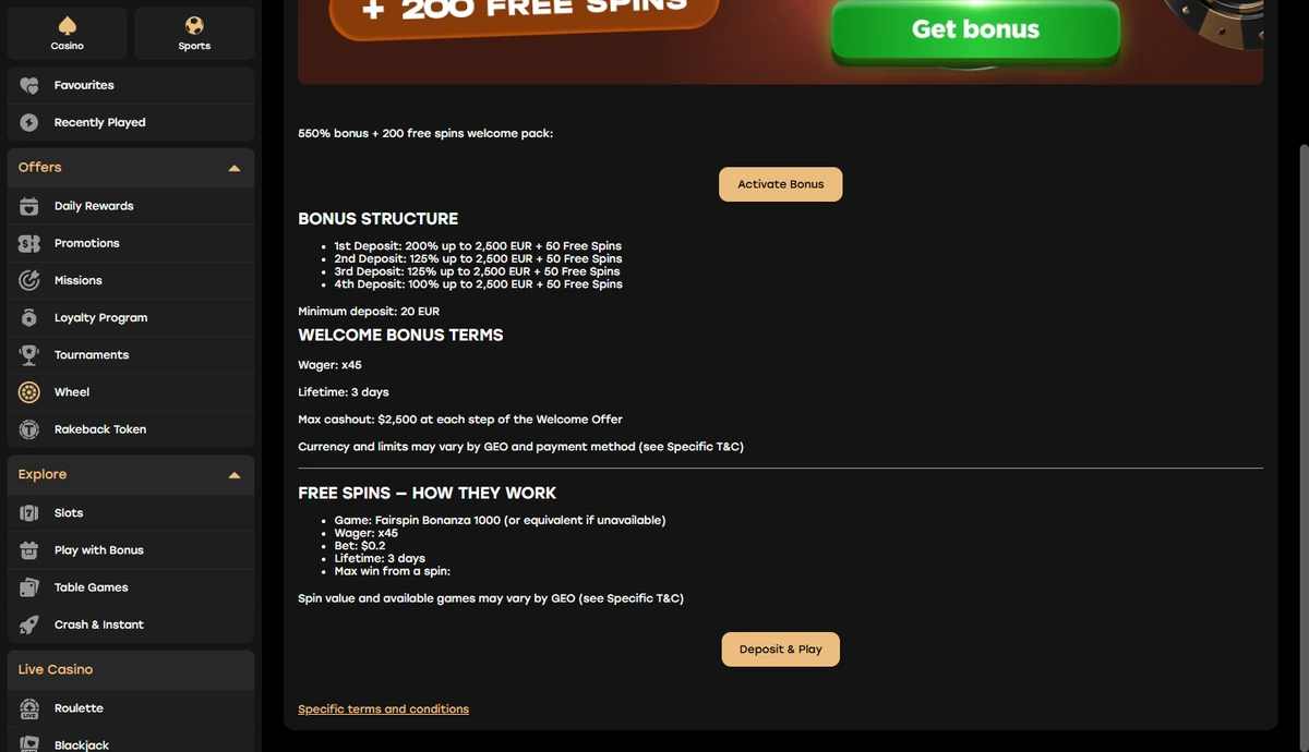 The Fairspin Casino welcome offer page showing the four-deposit bonus structure, the x45 wager and the three-day lifetime