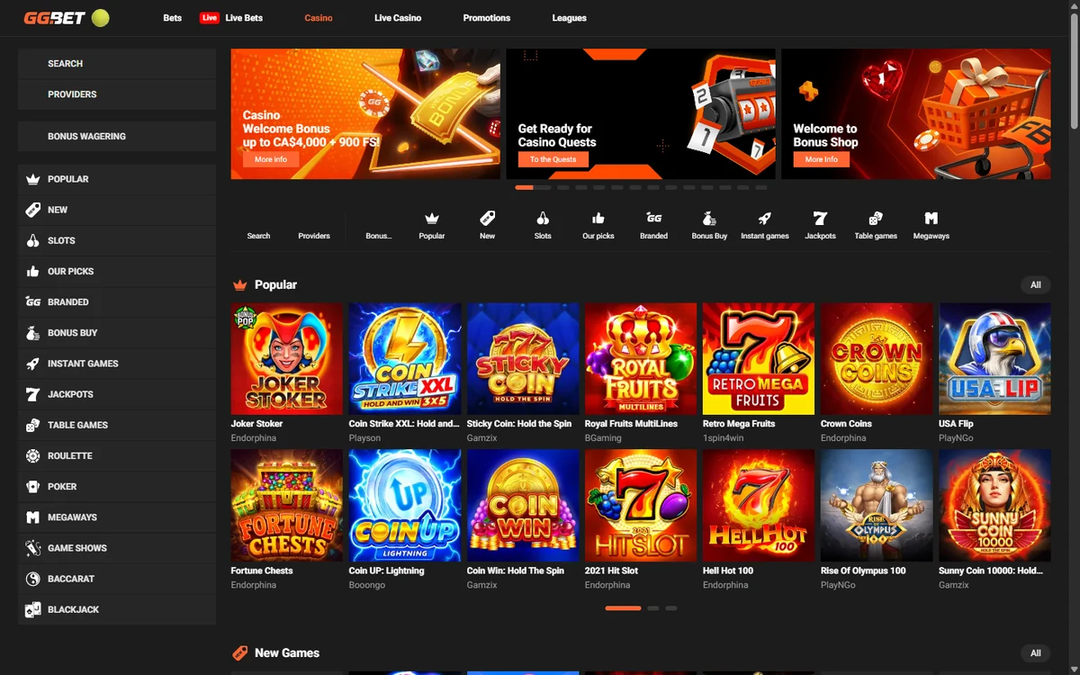 The GGBet casino lobby showing the popular slots shelf and the category rail down the left side