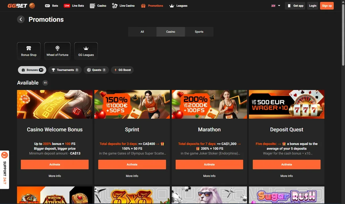 The GGBet promotions page showing the casino welcome bonus card alongside the Sprint, Marathon and Deposit Quest offers