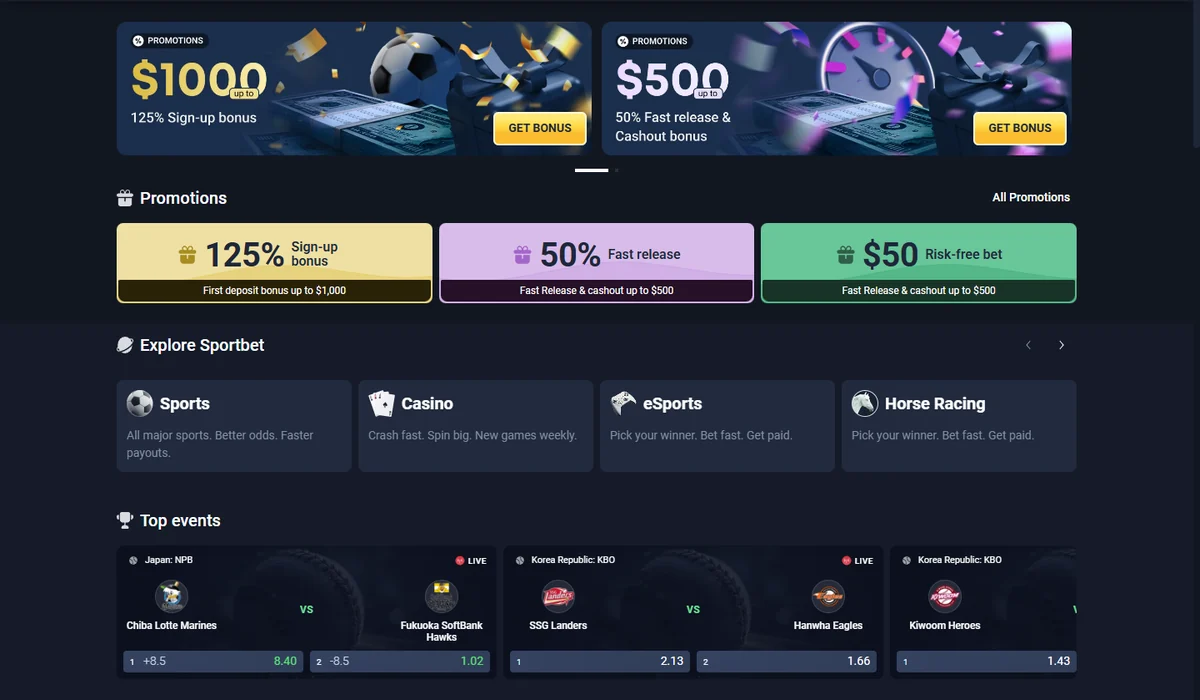 The Sportbet.one front page showing the 125% sign-up bonus up to $1,000 beside the 50% fast release and $50 risk-free bet offers