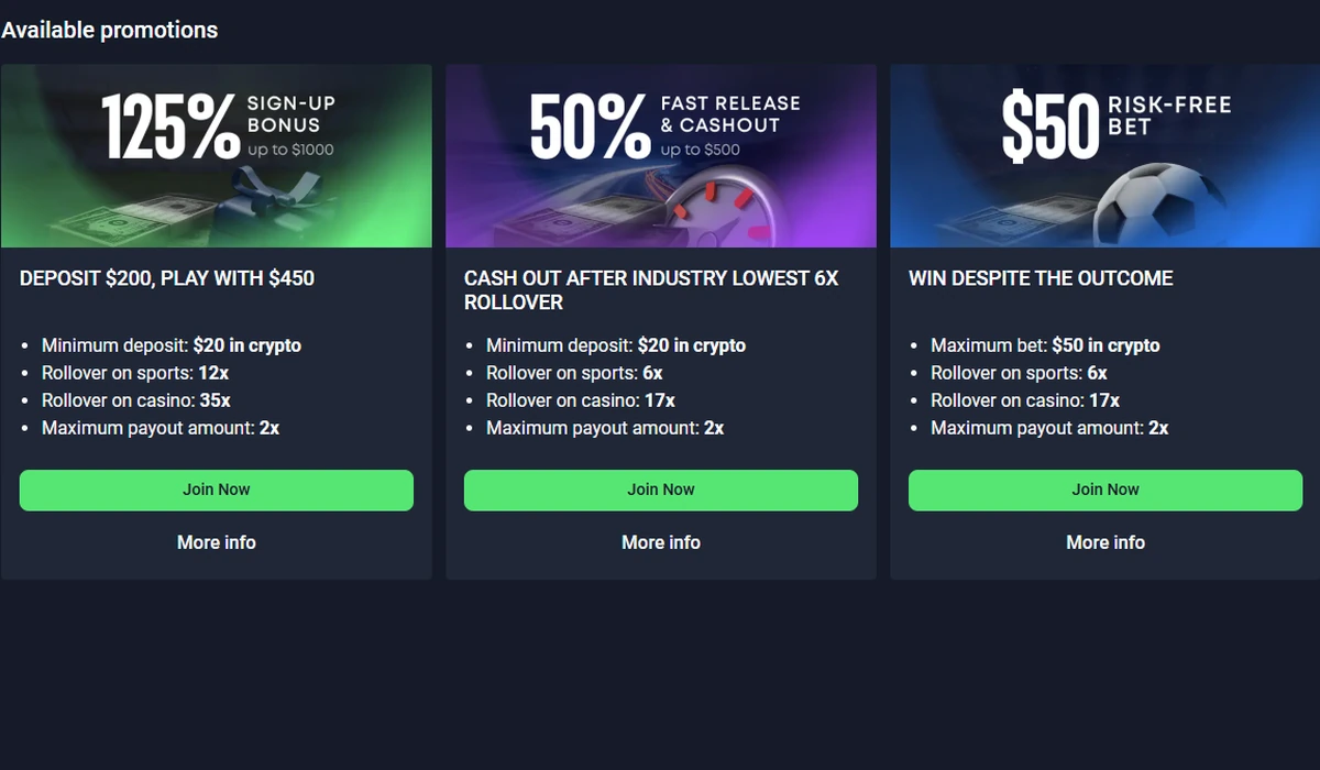 The Sportbet.one promotions page showing all three offers with their rollover figures and the 2x maximum payout amount on each