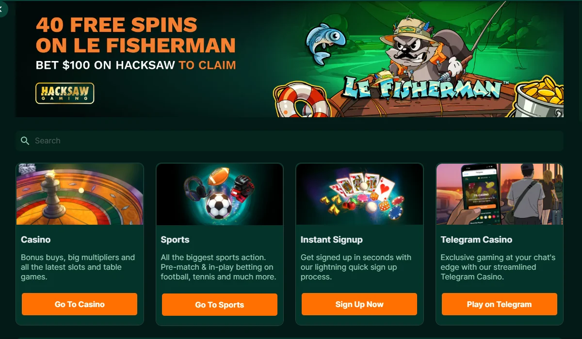 The TG.Casino lobby showing the Telegram Casino product card, the crypto buy bar and the game category rail, with no licence text or regulator seal